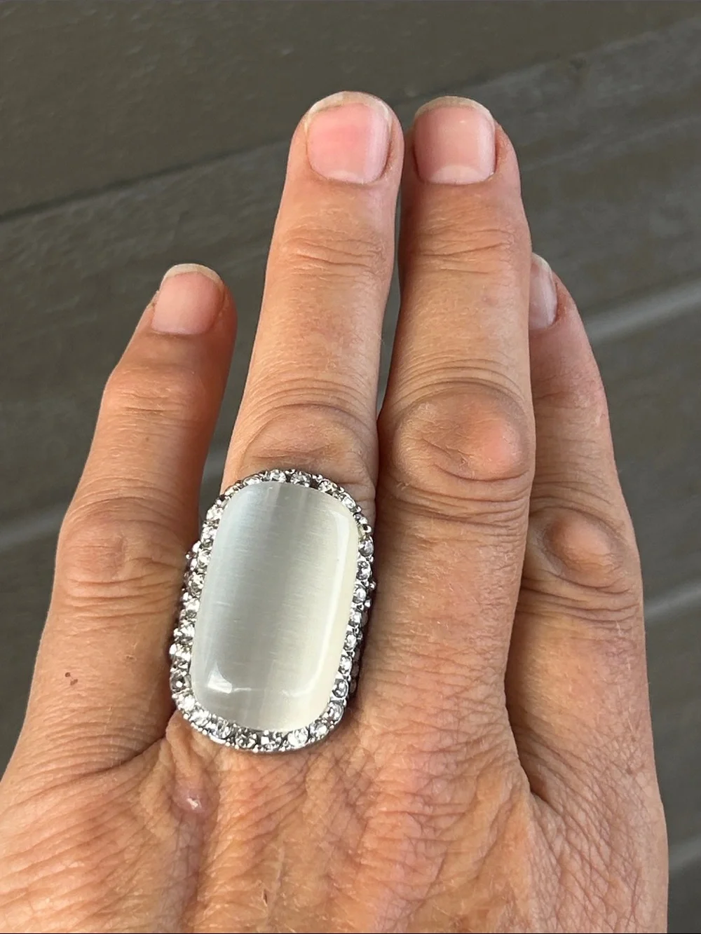 Vintage White Cat's Eye Cocktail Ring with Crystal Halo